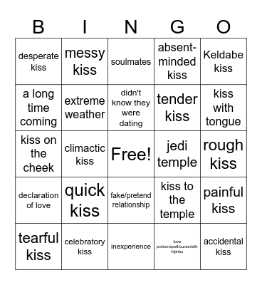 Codywan First Kiss Bingo Card