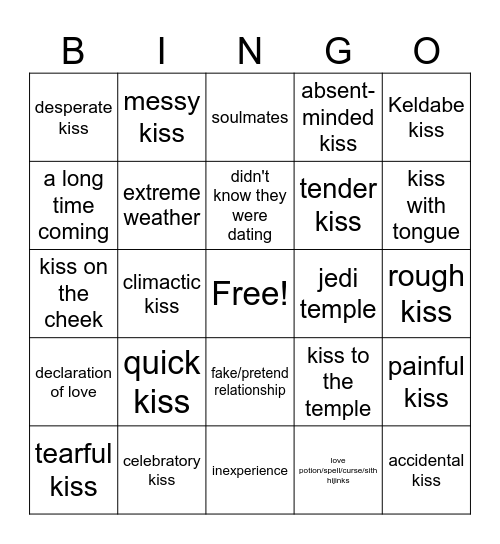 Codywan First Kiss Bingo Card