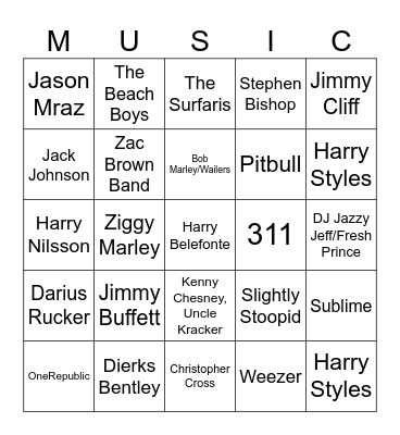 Music Bingo (Beach Songs) Bingo Card