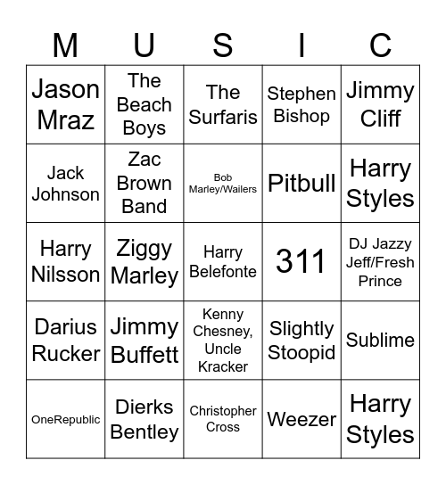 Music Bingo (Beach Songs) Bingo Card