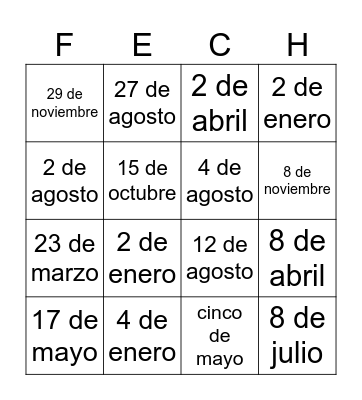 LAS FECHAS Bingo Card