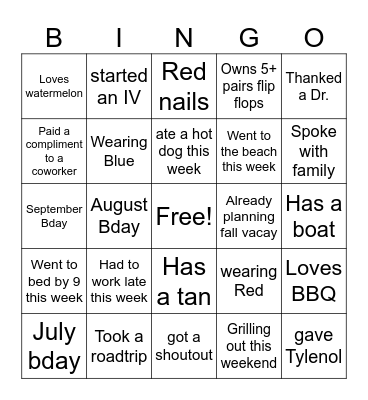 Labor Day Bingo Card