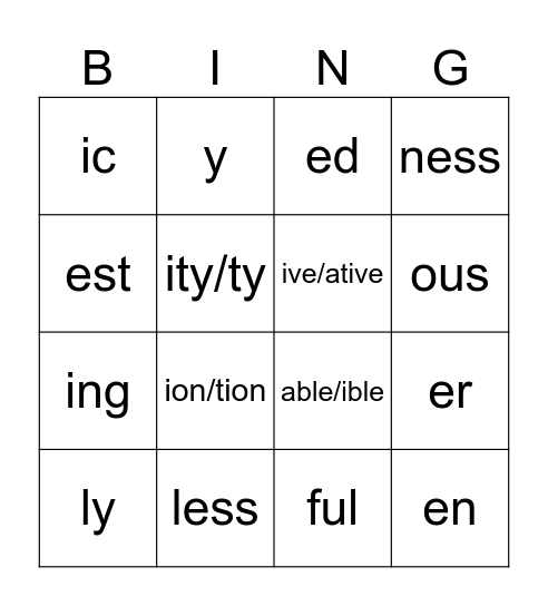 Suffix Bingo Card