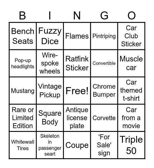 Hotrods, Harleys & Cigars Bingo Card