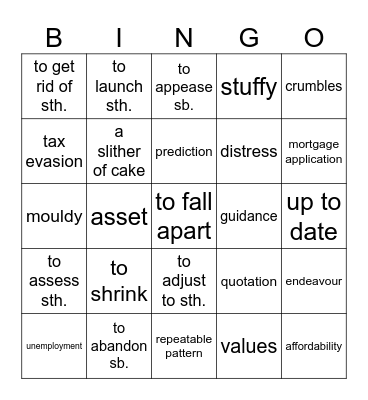 Vocabulary Revision - August Bingo Card