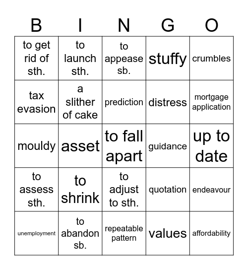 Vocabulary Revision - August Bingo Card