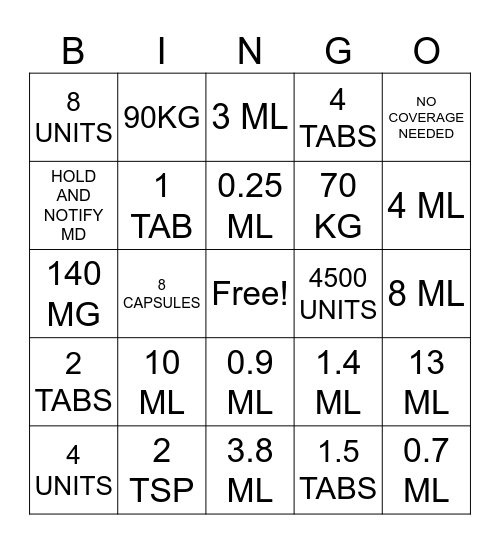 Medication Calculation Practice Bingo Card
