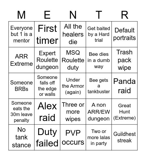 Mentor Bingo Card