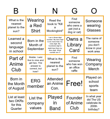 Back to School Scavenger Bingo Card