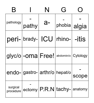 Medical Terminology Bingo Card