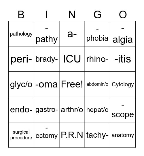 Medical Terminology Bingo Card