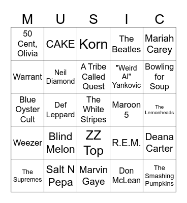 Music Trivia #80 (Food) Bingo Card