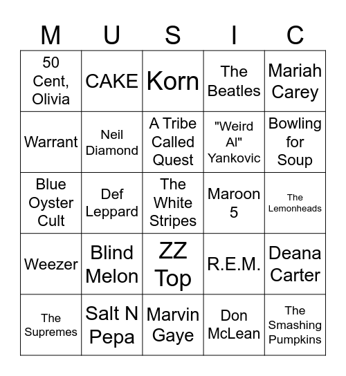 Music Trivia #80 (Food) Bingo Card