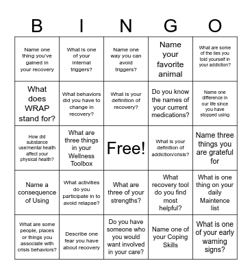 WRAP Recovery Bingo Card