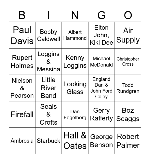 Music Bingo #81 (Yacht Rock) Bingo Card