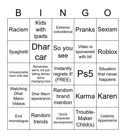 Dhar Mann Bingo v0 Bingo Card