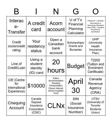 New Journeys: International Orientation Bingo Card