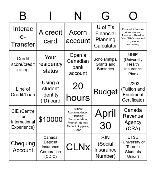 New Journeys: International Orientation Bingo Card