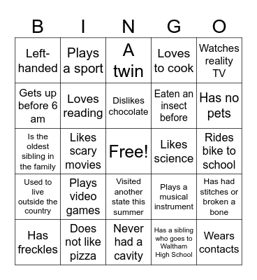 Get To Know Each Other Bingo Card
