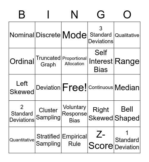 Statistics Test 1  Bingo Card