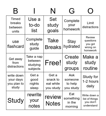 Study Skills Bingo Card