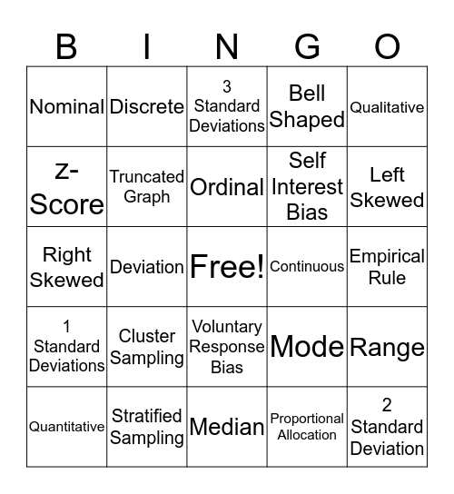 Statistics Test 1  Bingo Card