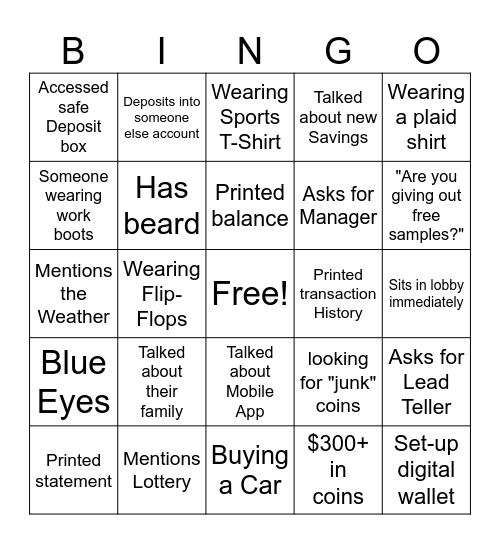 Bank: Customer Interactions Bingo Card