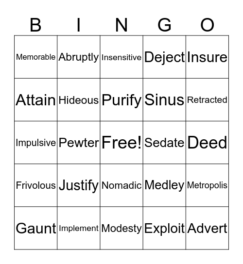 Star Vocabulary Review Bingo Card