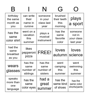 Classmate BINGO Card