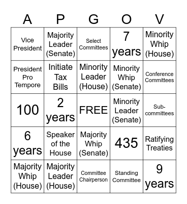 Legislative Branch Bingo! Bingo Card