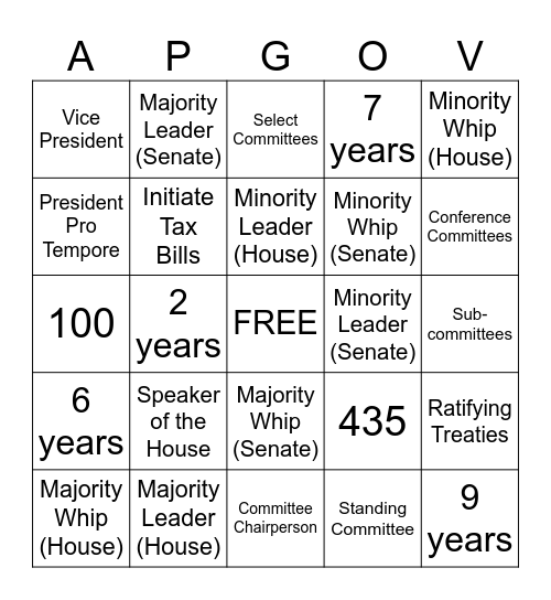 Legislative Branch Bingo! Bingo Card