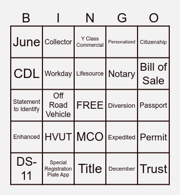 License and Passport Bingo Card