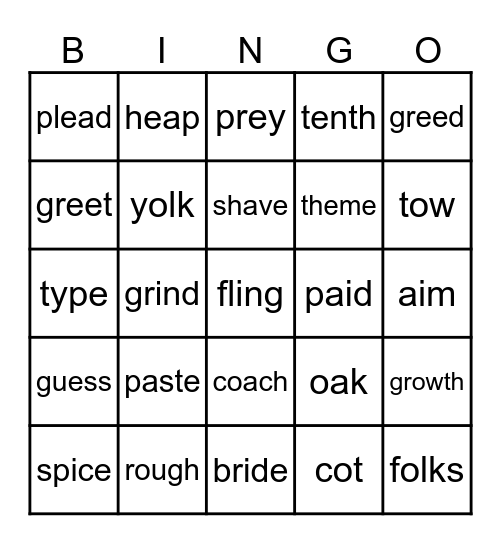 Spelling Words Bingo Card