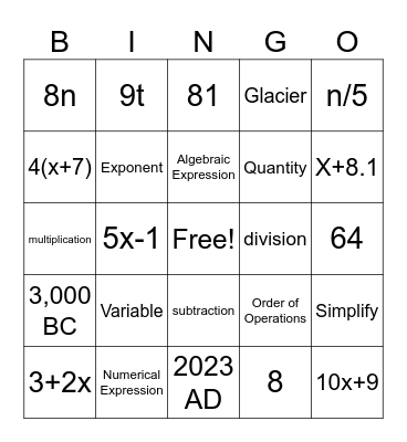 Maththe  Bingo Card