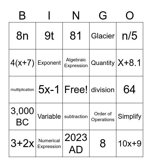 Maththe  Bingo Card