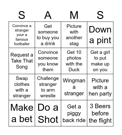 Sams Stag Bingo Card