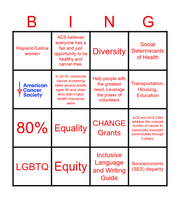 Health Equity Bingo Card