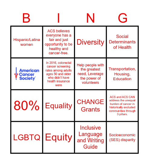 Health Equity Bingo Card
