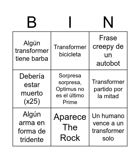 Transformers 4 Bingo Card