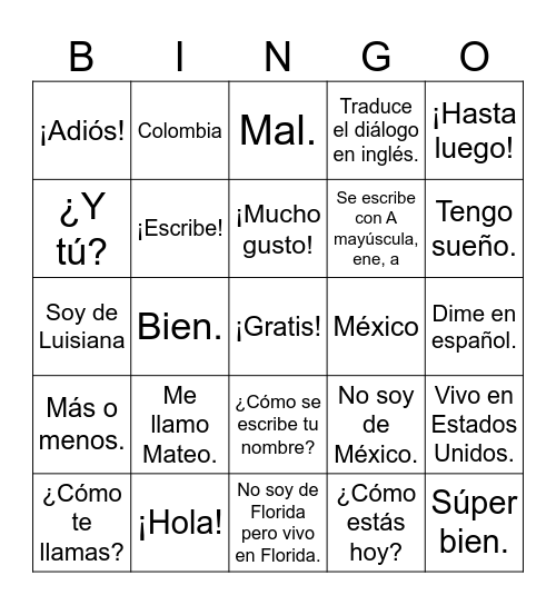 Spanish Class 8/25/23 Bingo Card
