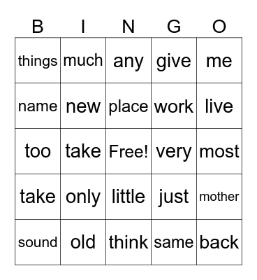Sight Word Bingo Card