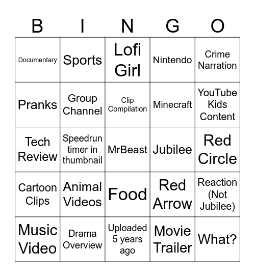 YouTube Bingo Card
