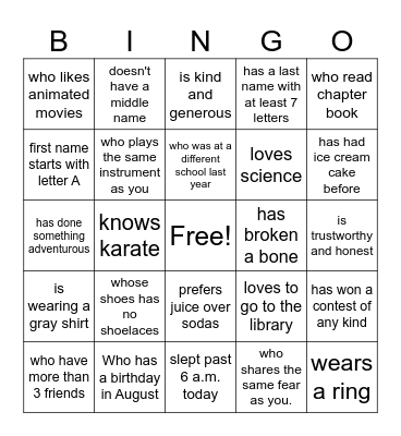 Human Scavenger Hunt- Find Someone Who... Bingo Card