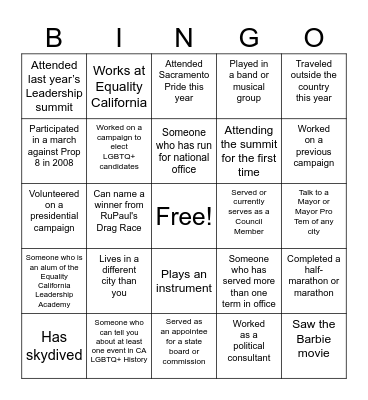 LGBTQ+ Leadership Summit Networking Bingo Card