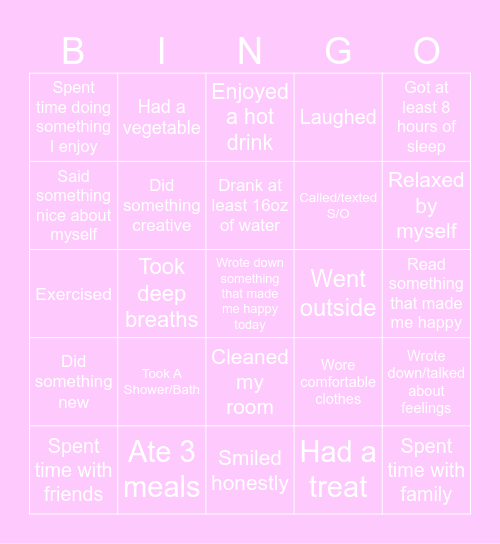 Daily Self Care Bingo Card