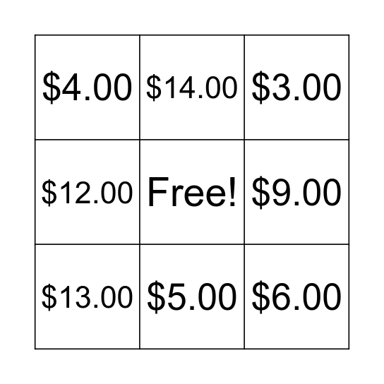 Dollar Up Bingo ($15) Bingo Card