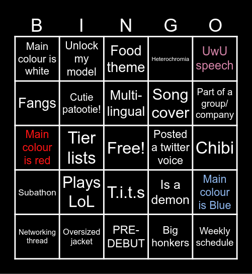 Vtuber bingo! Bingo Card