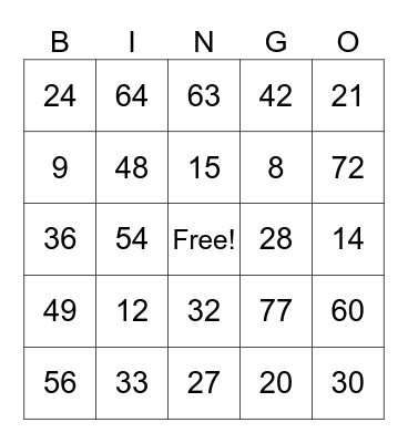 Multiplication Bingo Card