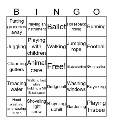 Physical Activity Bingo Card