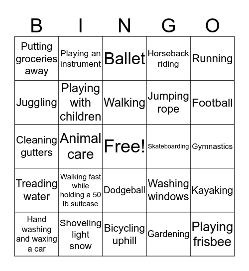 Physical Activity Bingo Card